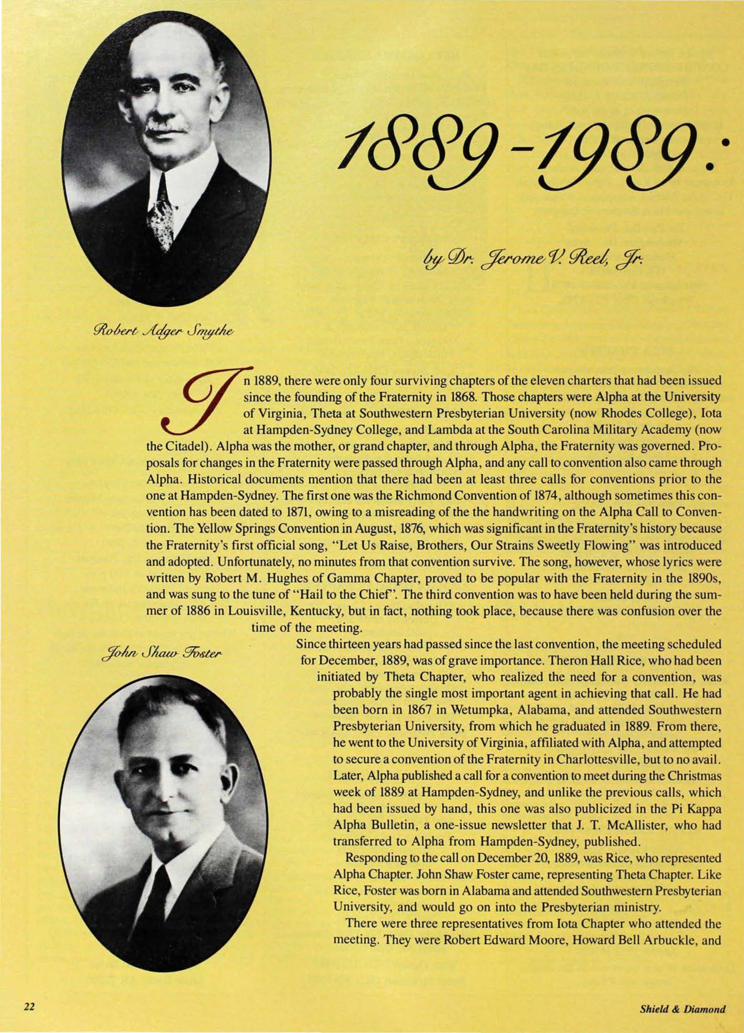 1889-1989: Pi Kappa Alpha's Centennial Celebration Of The Refounding